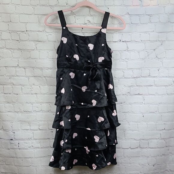 Justice Girls 14 Black Satin Sleeveless Fit & Flare Tier Ruffle Pink Heart Dress - Picture 3 of 11